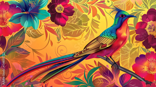Paradise bird on exotic floral background  fantasy colorful illu
