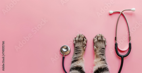 Generative AI, Cat paws and stethoscope isolated on pink background. Banner with copy space for vet clinic. 
 photo