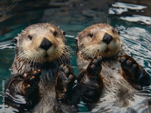 Two furry sea otters swimming in the water © cherezoff