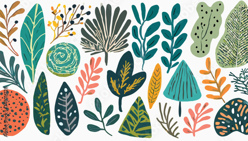Set of various abstract shapes, patterns and plants. Hand drawn doodles. Modern fashion illustration. Flat design, cartoon hand drawn, vector