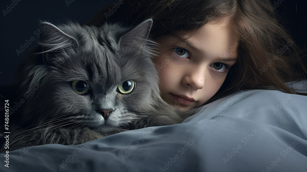 Girl stroking the one-eyed cat Gray.