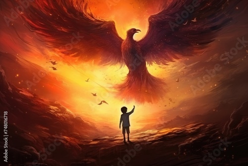 The child looking at the phoenix bird flying above him