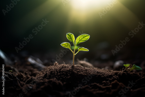 a close-up macro photo of a young green tree plant sprout growing up from the black soil, sunshine shinning a light. Growth new life concept