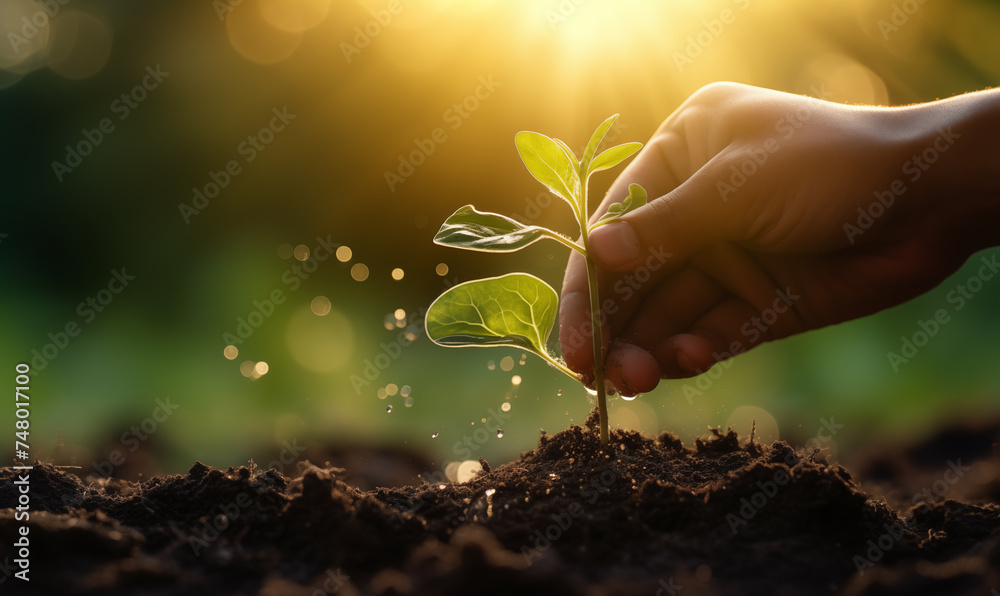 Fototapeta premium Hand planting young plant,hand holding young plant with sunlight on green nature background. concept eco earth day. Ecology concept