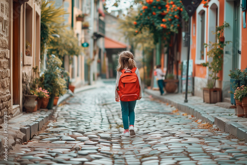 A little girl with a red backpack walking down a cobblestone street
