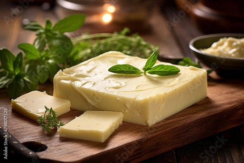 Delicious cheese piece on rectangular wooden board with black background, gourmet dairy product
