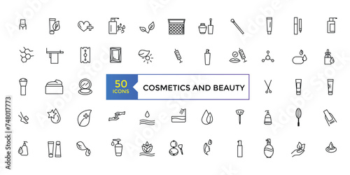 Cosmetic properties line icons. Vector illustration. Skin care line icons set. outline icons related to beauty and spa.