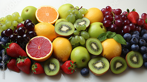 A vibrant assortment of tropical fruits arranged on white background