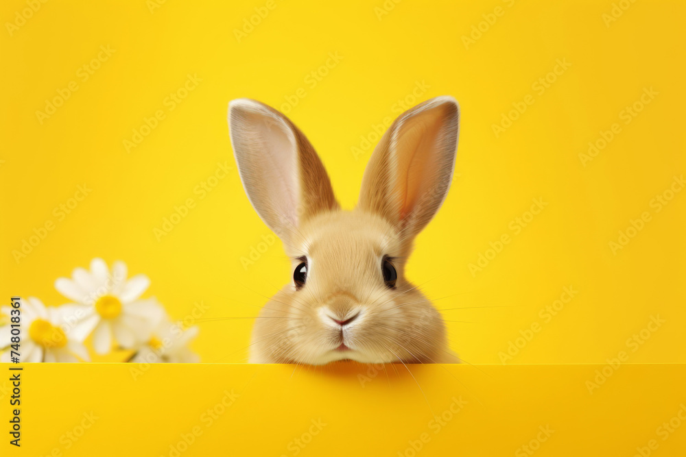 Obraz premium Banner with Easter bunny on yellow studio background. Spring, Easter concept.