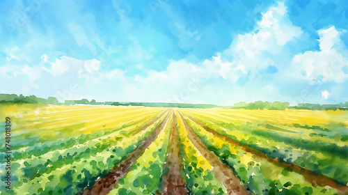 青空と畑の水彩画