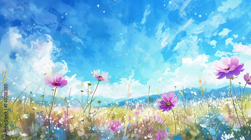 青空とコスモス畑の水彩画