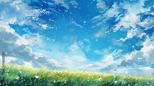 大空と草原の水彩画