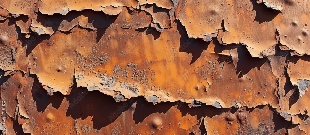 This close up showcases a rusted metal surface with flaking paint, revealing intricate textures and patterns of corrosion. The iron surface is aged and weathered, giving it a distinct and rough