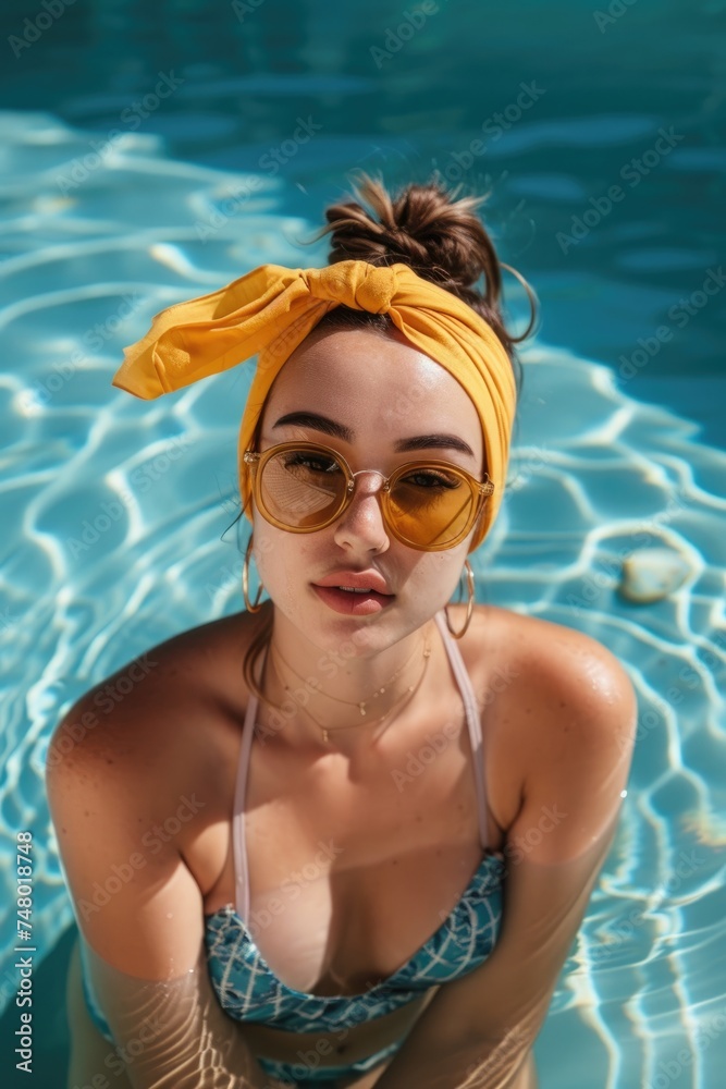 Woman wear bikini and sunglasses pose at pool, swim summer fashion