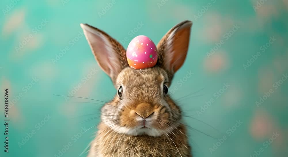 Realistic rabbit with painted Easter eggs on pastel green background. Decorative festive object. Holiday Spring Easter background. Funny 4k video Easter bunny spring decoration copy space creative