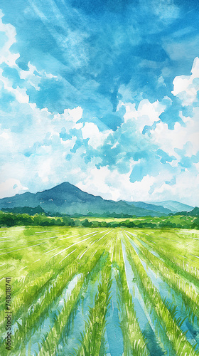 Obraz na płótnie 水田と青空の水彩画