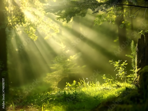 The sun's rays pass through the foliage of the trees in the forest