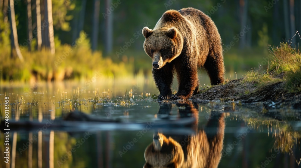 Brown bear walking around lake, National Wildlife Brown bear walking around lake, National Wildlife