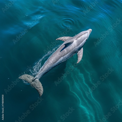 Dolphin in the blue water. Aerial view of a solitary Bottlenose Dolphin.