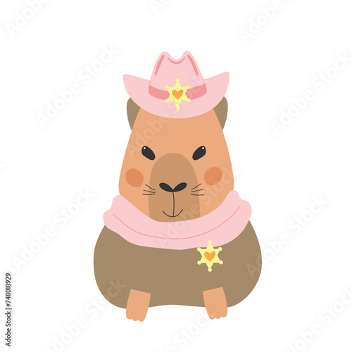 Cute happy capybara girl with sheriff badge and cowboy hat. Vector illustration.