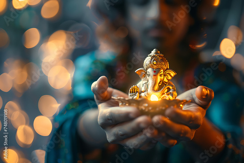 a local resident holds the Indian god Ganesh in his hand
