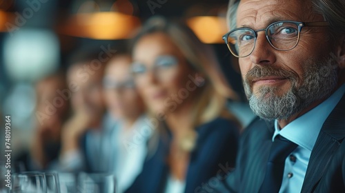 Focused mature businessman with glasses in a meeting with blurred colleagues in the background, signifying leadership and experience.