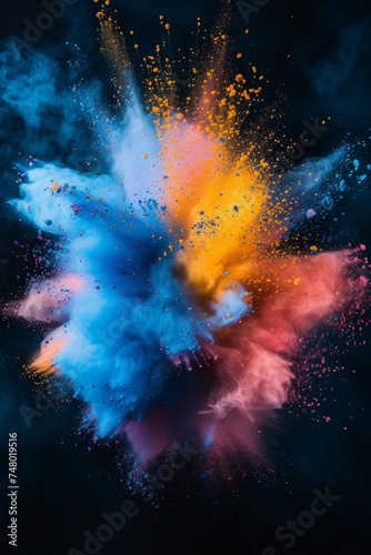 A vivid explosion of colored powder against a black backdrop. The dynamic and vivid nature of a powder explosion.