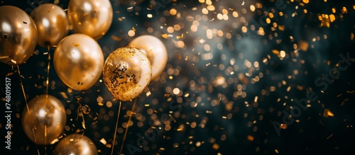 Celebration background banner with floating balloons and falling confetti on a black background, with space for text. Concept: party invitations, postcards, or backgrounds