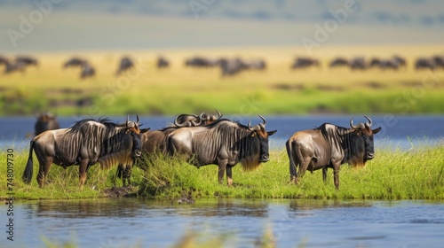 Blue wildebeest (Connochaetes taurinus) at lake  photo