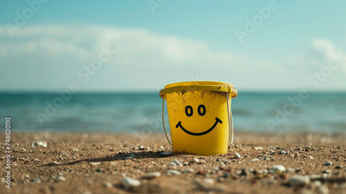 yellow kids bucket with smiley face on sandy beach,happy summer holidays concept photo