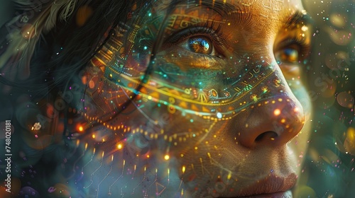 A close-up of a woman's face overlaid with a futuristic digital interface, symbolizing the integration of technology with human senses. Digital shamanism photo