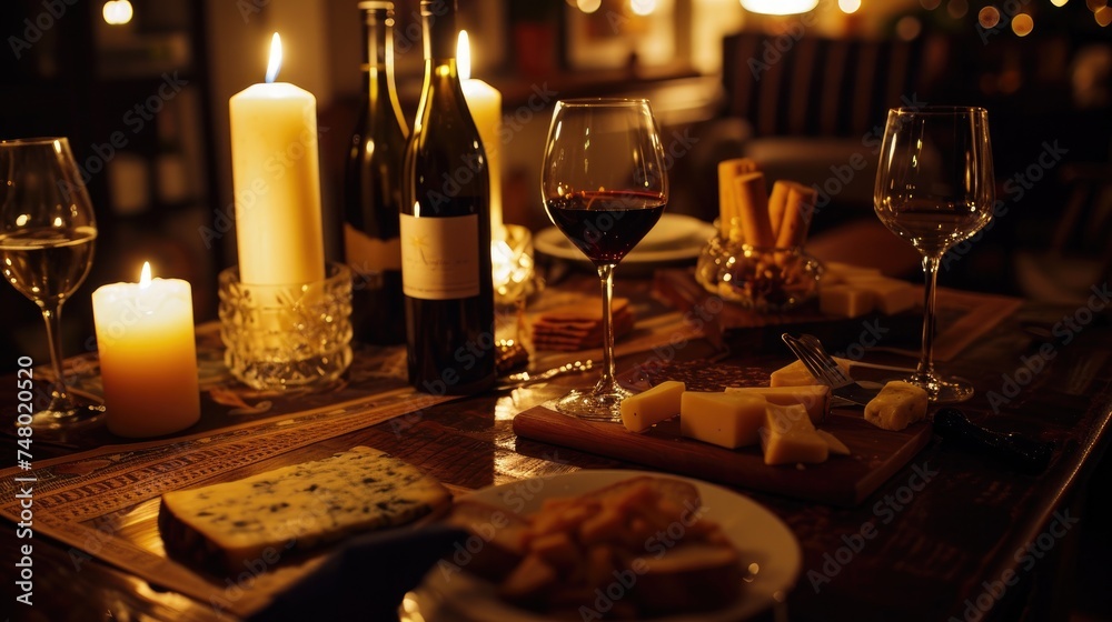 Candlelit Wine Tasting: A wine tasting setup with a selection of wines, glasses, and a cheese board Candlelit Wine Tasting: A wine tasting setup with a selection of wines, glasses, and a cheese board
