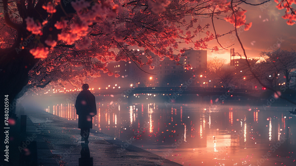 With night sakura as his canopy the man of music crafts a symphony that pauses the flow of time - obrazy, fototapety, plakaty 