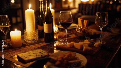 Candlelit Wine Tasting: A wine tasting setup with a selection of wines, glasses, and a cheese board