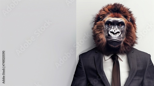 a lion gorilla a suit with a tie on a plain white background on the left side of the image and the right side blank for text