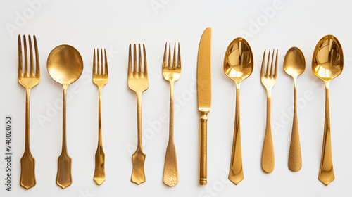 Gold knives, forks, and spoons placed on a white.