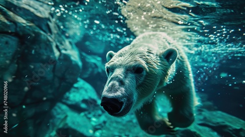 White Polar bear swim under water, animal diving