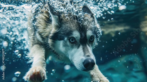 Siberian husky diving in water