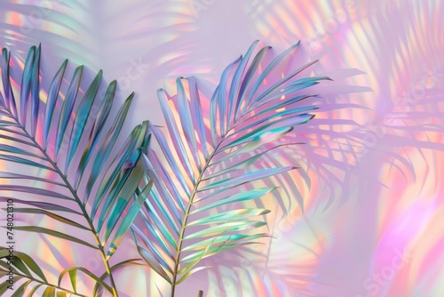 The pastel backdrop of this tropical wallpaper enhances the light and shadow play on the leaves, perfect for a nature-inspired design..
