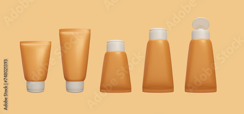 Set of different 3D realistic sunscreen cream bottles vector illustration. Sun safety skincare treatment. Orange 3D realistic render SPF sunblock UV protection cosmetic products packaging bundle.