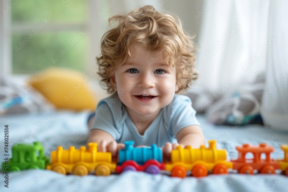 Cute little boy playing with colorful plastic toys on bed at home Cute little boy playing with colorful plastic toys on bed at home