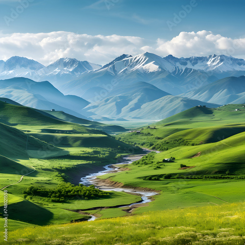 Majestic Azerbaijani Landscape: Panoramic View of Green Hills and Snow-capped Mountains © Thomas