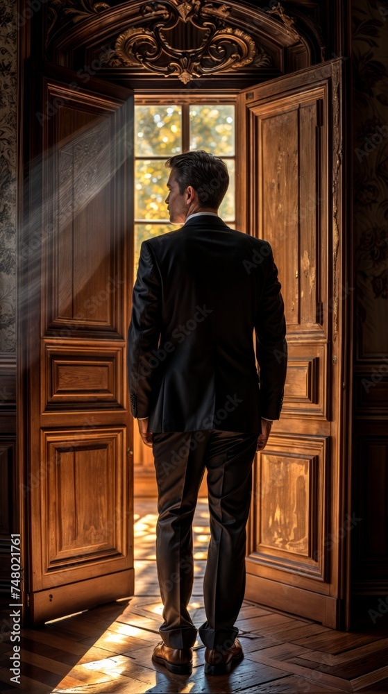 Back view of a young businessman standing in front of a door and looking out the window