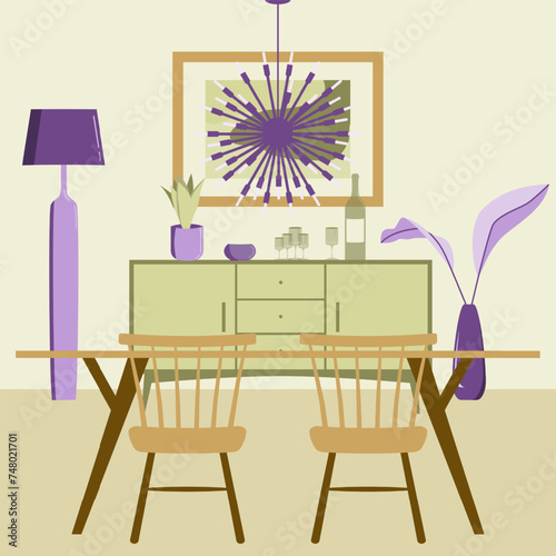Mid century style dining room interior in green and purple with buffet sideboard, dining table, chairs, ceiling lamp, bowl, home plant, wine bottle and wine glasses. Flat illustration for your project