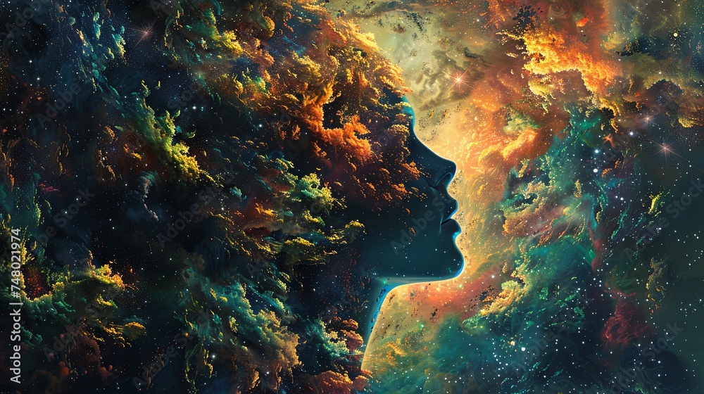 A striking profile of a human head blending seamlessly into a vibrant, star-filled nebula, symbolizing the universe within us, psychedelic therapy. - obrazy, fototapety, plakaty 