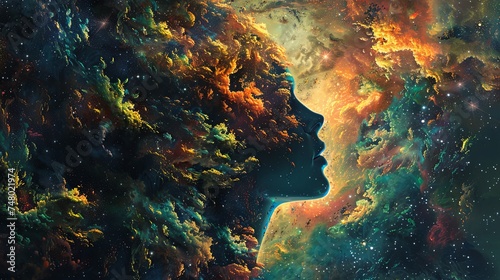 A striking profile of a human head blending seamlessly into a vibrant, star-filled nebula, symbolizing the universe within us, psychedelic therapy.