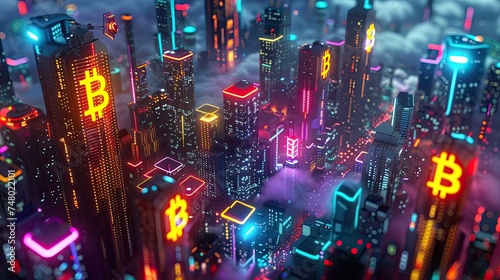 Futuristic cityscape with Bitcoin symbols illuminated in neon
