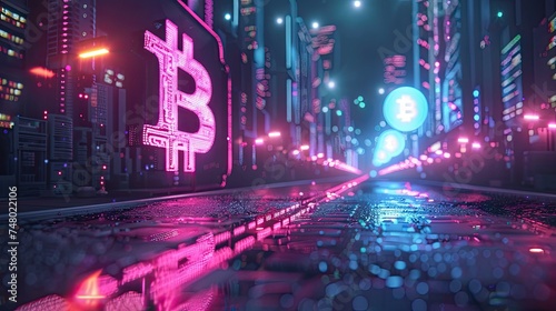 Neon Bitcoin sign illuminating a futuristic city street