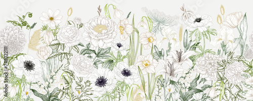Seamless vector pattern white flowers. Iris, peony, rose, crocus, lily of the valley, daffodils, lily, anemone, cosmos, dahlia, snowdrops, datura
