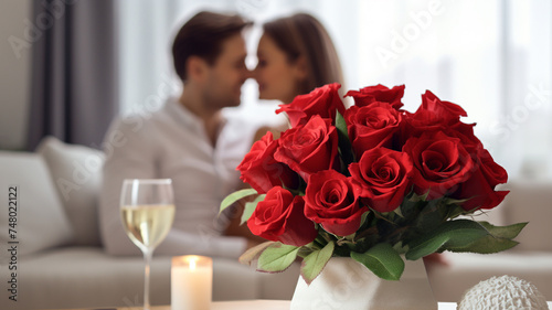 couple and red roses for surprise anniversary marry
